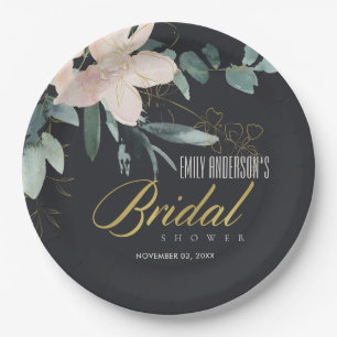 BLACK BLUSH FLORAL BUNCH WATERCOLOR BRIDAL SHOWER PAPER PLATES