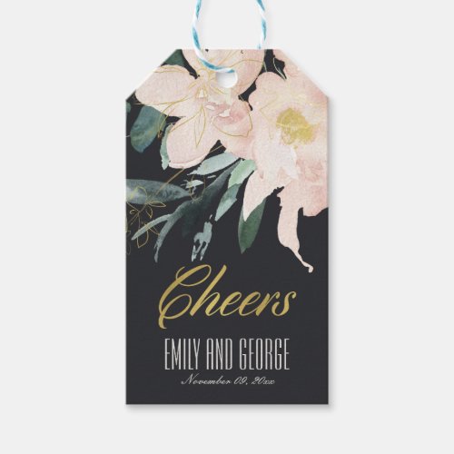 BLACK BLUSH FLORAL BUNCH WATERCOLOR WEDDING CHEERS GIFT TAGS