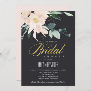 BLACK BLUSH FLORAL GOLD WATERCOLOR BRIDAL SHOWER INVITATION