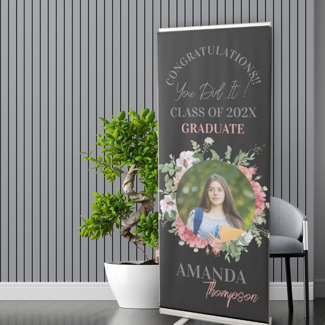 Black Blush Floral Photo Class of 2025 Graduation Retractable Banner (Black Blush Floral Photo Class of 2024 Graduation Retractable Banner)