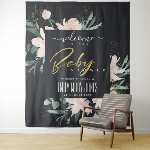 BLACK BLUSH FLORAL WATERCOLOR BABY SHOWER WELCOME TAPESTRY