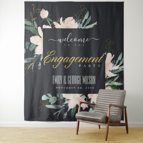 BLACK BLUSH FLORAL WATERCOLOR ENGAGEMENT WELCOME TAPESTRY