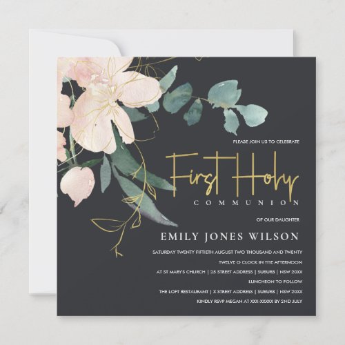 BLACK BLUSH FLORAL WATERCOLOR FIRST HOLY COMMUNION INVITATION