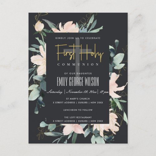 BLACK BLUSH FLORAL WATERCOLOR FIRST HOLY COMMUNION POSTCARD