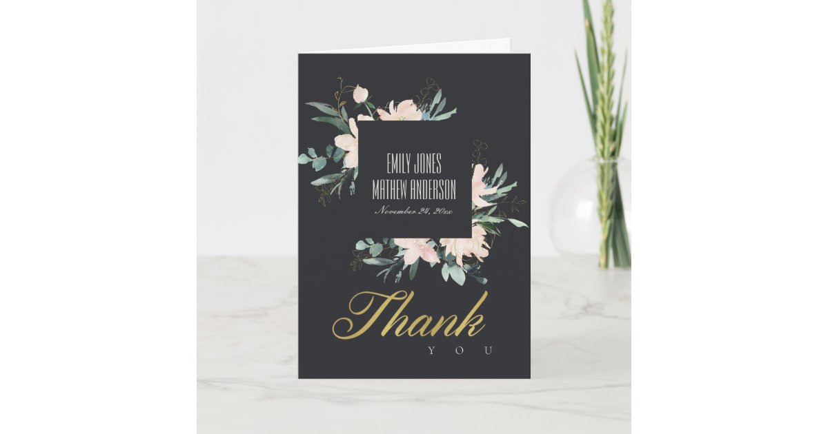 BLACK BLUSH FLORAL WATERCOLOR WEDDING THANK YOU CARD | Zazzle