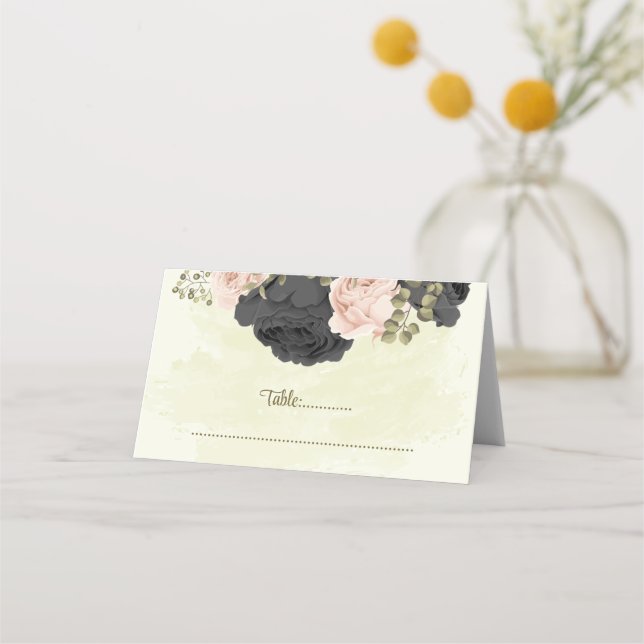 black & blush flowers botanical wedding  place card (Front)