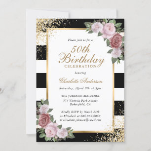 Black Blush Gold Confetti Floral 50th Birthday Invitation