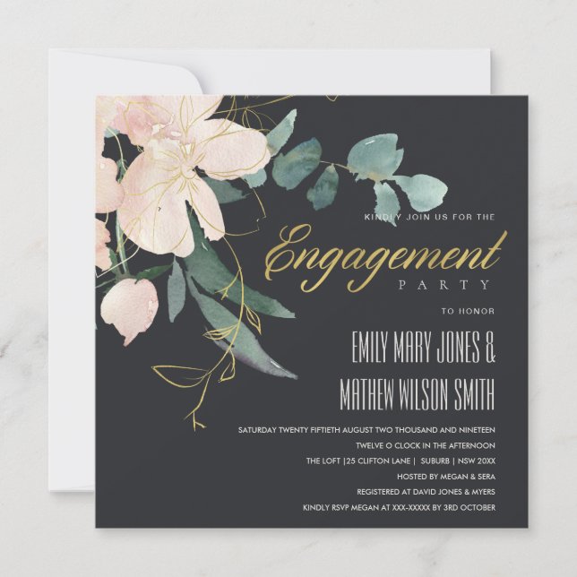 BLACK BLUSH GOLD FLORA BUNCH WATERCOLOR ENGAGEMENT INVITATION (Front)