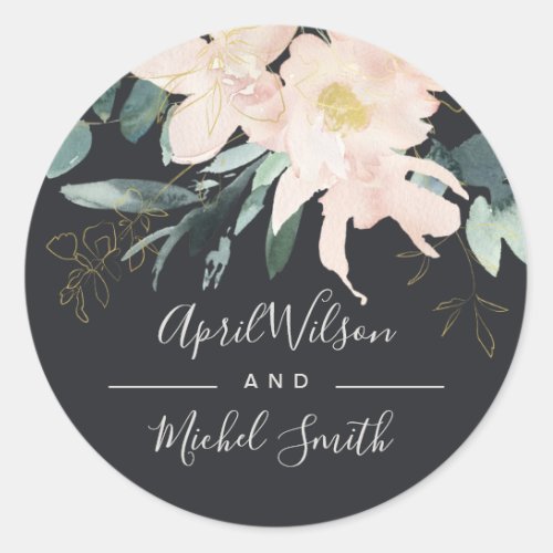 BLACK BLUSH GOLD FLORAL BUNCH WATERCOLOR WEDDING CLASSIC ROUND STICKER