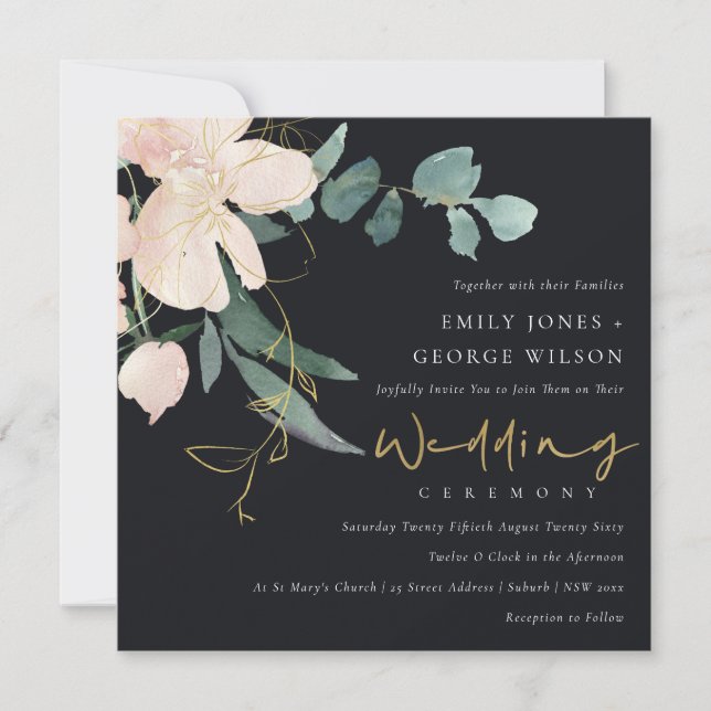 BLACK BLUSH GOLD FLORAL BUNCH WATERCOLOR WEDDING INVITATION (Front)