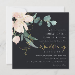 BLACK BLUSH GOLD FLORAL BUNCH WATERCOLOR WEDDING INVITATION