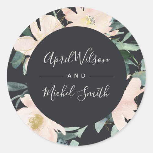 BLACK BLUSH GOLD FLORAL FRAME WATERCOLOR WEDDING CLASSIC ROUND STICKER