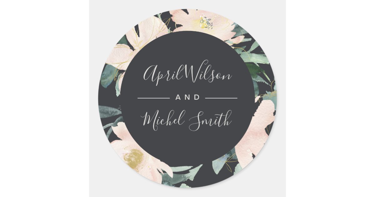 BLACK BLUSH GOLD FLORAL FRAME WATERCOLOR WEDDING CLASSIC ROUND STICKER ...