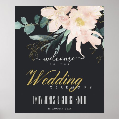 BLACK BLUSH GOLD FLORAL WATERCOLOR WEDDING WELCOME POSTER