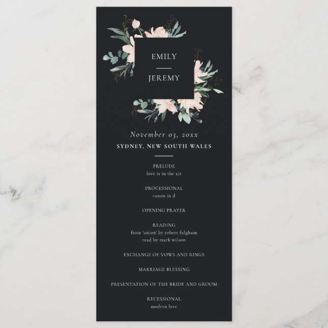 BLACK BLUSH GOLD FLORAL WEDDING CEREMONY PROGRAM (Front)