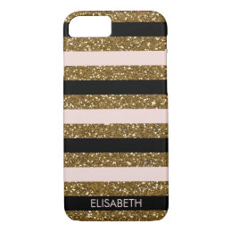 Black, Blush & Gold Glitter Stripes, Personalized iPhone 8/7 Case