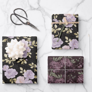 Black Blush Lavender Flowers Bridal Shower Wrapping Paper Sheets