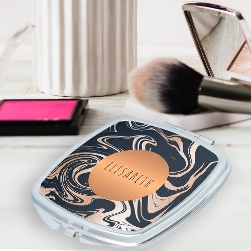 Black blush marble and copper metallic circle name compact mirror