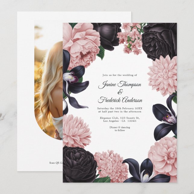 Black & Blush Photo/QR Code Floral Wedding Invitation (Front/Back)
