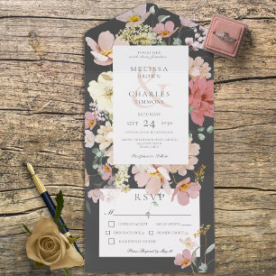 Black & Blush Pink Boho Flowers Dinner All In One Invitation