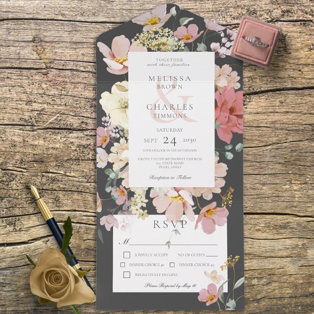 Black & Blush Pink Boho Flowers Dinner All In One Invitation (Creator Uploaded)