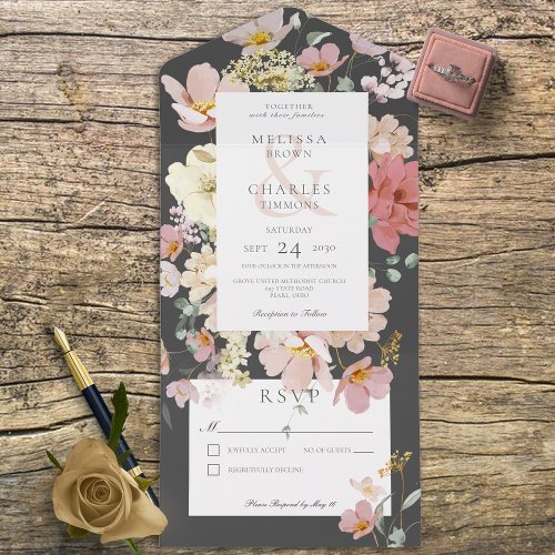 Black  Blush Pink Boho Flowers No Dinner All In One Invitation