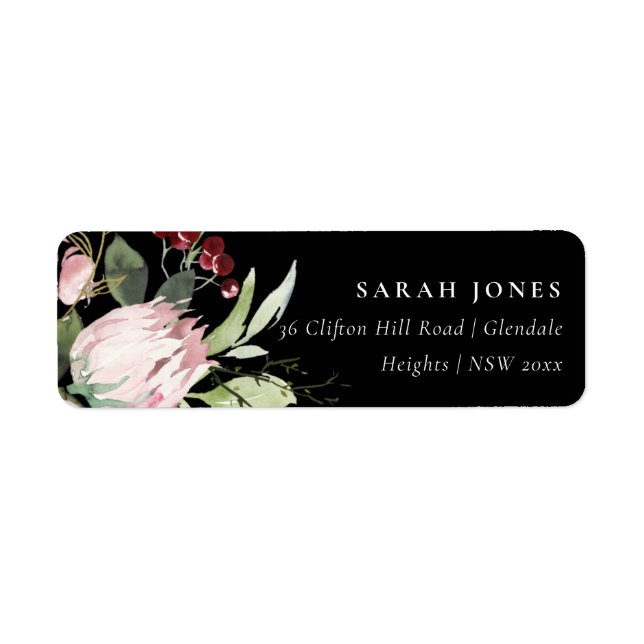 BLACK BLUSH PINK BURGUNDY PROTEA FLORAL ADDRESS LABEL (Front)