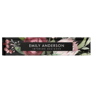 BLACK BLUSH PINK BURGUNDY PROTEA FLORAL WATERCOLOR DESK NAME PLATE