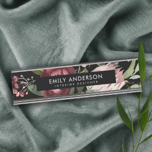 BLACK BLUSH PINK BURGUNDY PROTEA FLORAL WATERCOLOR DESK NAME PLATE