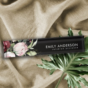 BLACK BLUSH PINK BURGUNDY PROTEA FLORAL WATERCOLOR DESK NAME PLATE