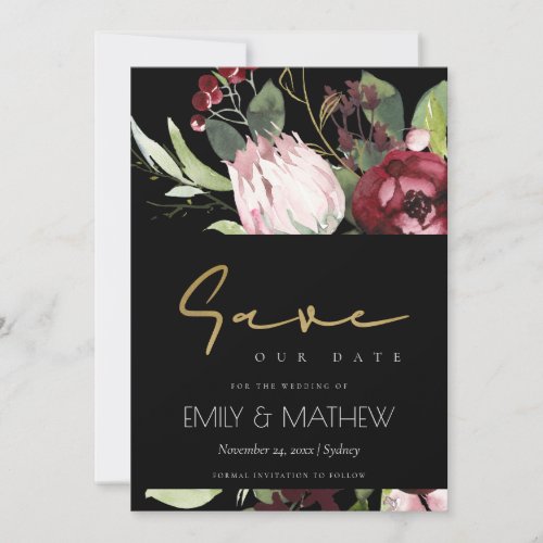 BLACK BLUSH PINK BURGUNDY PROTEA FLORAL WATERCOLOR SAVE THE DATE