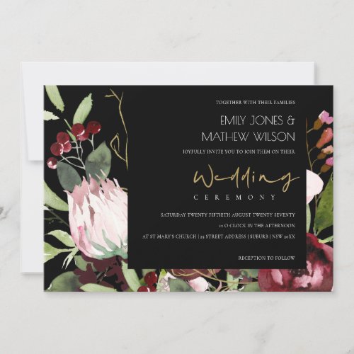 BLACK BLUSH PINK BURGUNDY PROTEA FLORAL WEDDING INVITATION