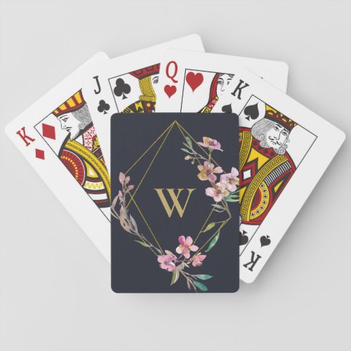 BLACK BLUSH PINK CHERRY BLOSSOM FLORAL MONOGRAM PLAYING CARDS