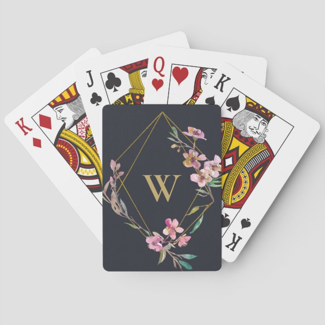 BLACK BLUSH PINK CHERRY BLOSSOM FLORAL MONOGRAM POKER CARDS (Back)