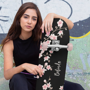 Black Blush Pink Cherry Blossom Monogram  Skateboard by NinaBaydur at Zazzle