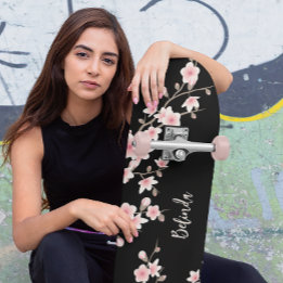 Black BLUSH Pink Cherry Blossom Monogram Skateboard