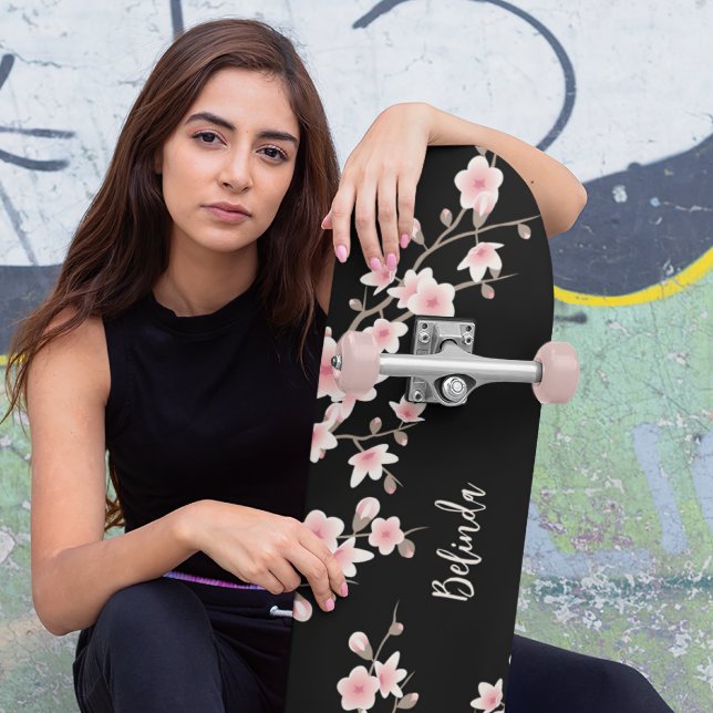 Black BLUSH Pink Cherry Blossom Monogram  Skateboard (Creator Uploaded)
