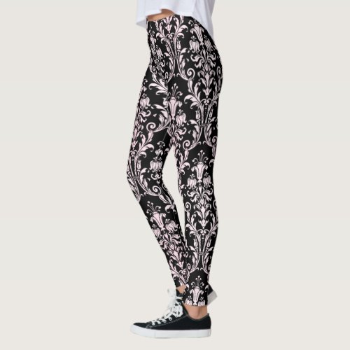 Black  Blush Pink Damask Floral Swirls Leggings