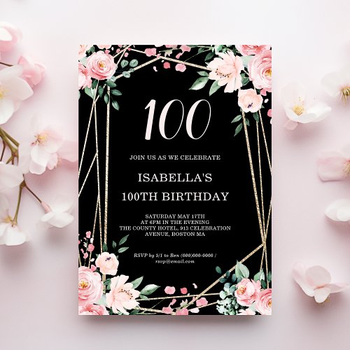 Black  Blush Pink Floral 100th Birthday  Invitation