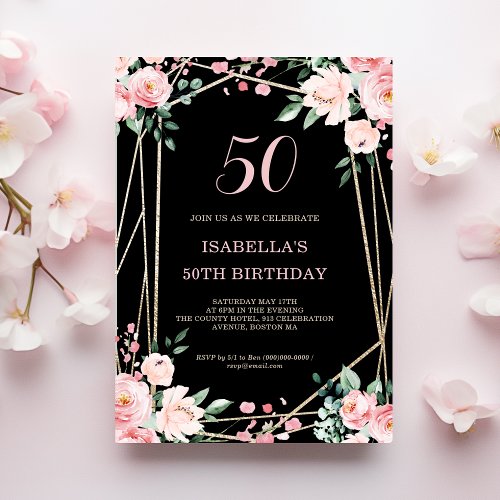 Black  Blush Pink Floral 50th Birthday Invitation