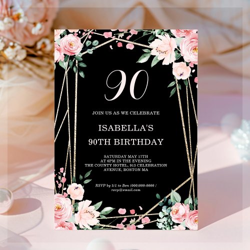 Black  Blush Pink Floral 90th Birthday Invitation