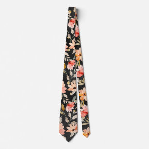 Black Blush Pink Floral Pattern Neck Tie