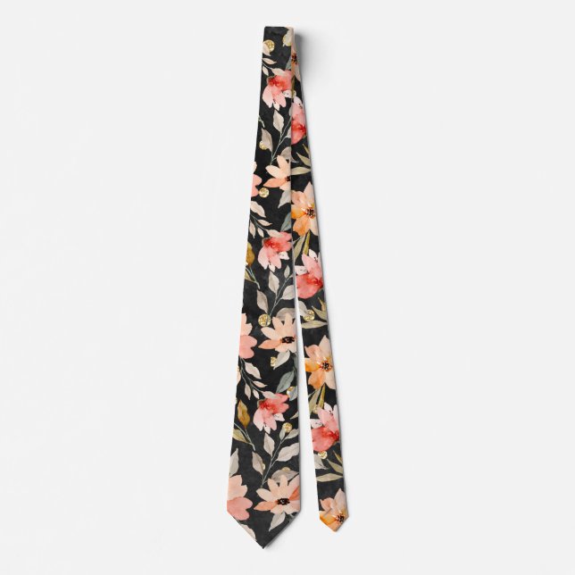 Black Blush Pink Floral Pattern Neck Tie (Front)