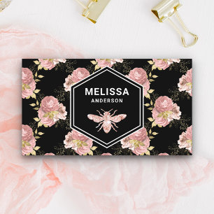 Black Blush Pink Floral Rose Gold Honey Bee Business Card