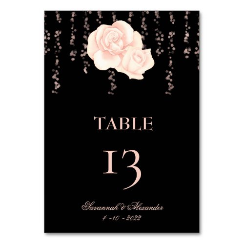 Black  Blush Pink Floral String Lights Wedding Table Number