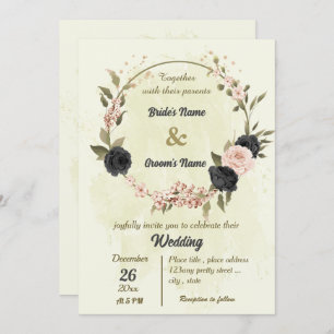 black blush pink flowers botanical wedding invitation