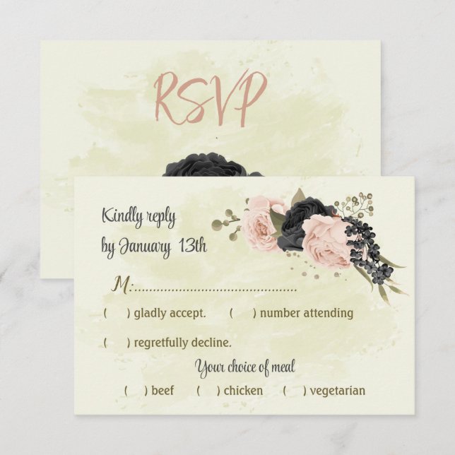 black blush pink flowers botanical wedding RSVP card (Front/Back)