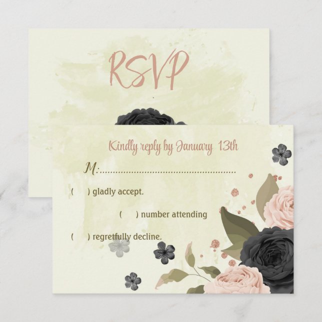 black blush pink flowers botanical wedding RSVP card (Front/Back)