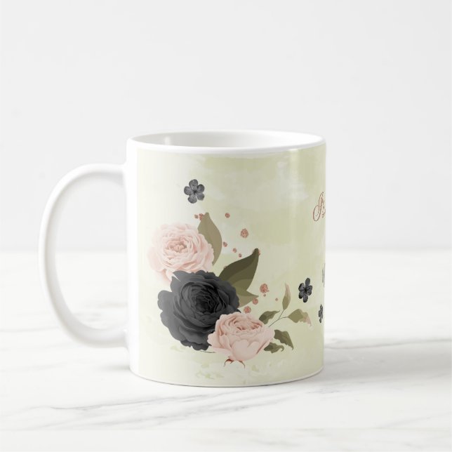 black blush pink flowers  coffee mug (Left)