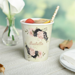 black blush pink flowers  paper cups